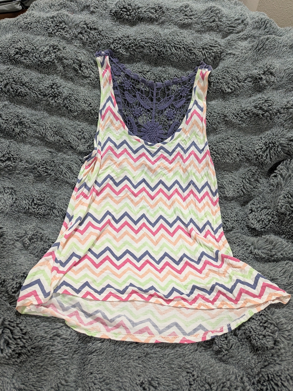 Rue 21 Neon Chevron Print Tank Top with Purple Crochet Lace Back – Women's XL